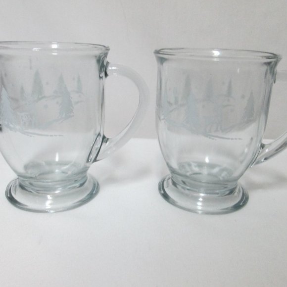 Anchor Hocking  Clear Glass Pedestal Mugs Set 2 reindeer trees Christmas Holiday - Picture 1 of 10